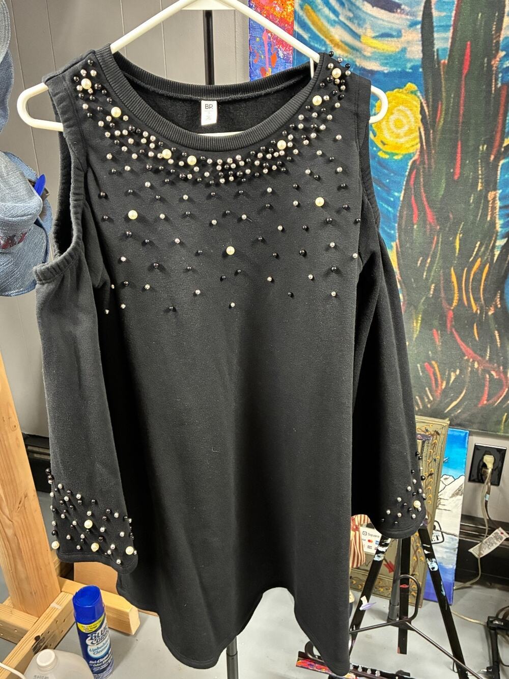 BP Black Embellished Cold Shoulder Dress Women’s M Beaded Pearl Long Sleeve